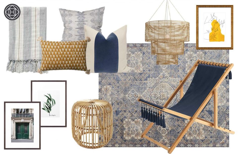 Mediterranean mood board with natural textures, navy accents, woven rattan, and coastal artwork