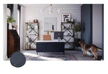 Transitional home office with navy walls, industrial shelving, black desk, and natural light creating a balanced professional workspace