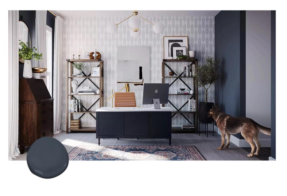 Transitional home office with navy walls, industrial shelving, black desk, and natural light creating a balanced professional workspace