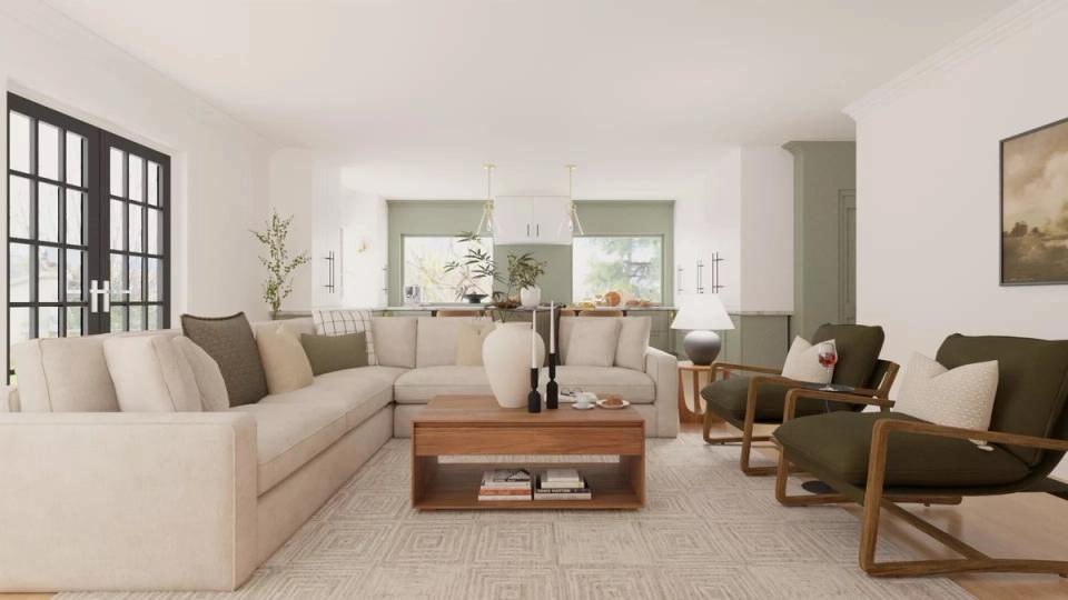 Contemporary living room blending cream and sage tones with wooden furniture, neutral textiles, and refined, balanced design