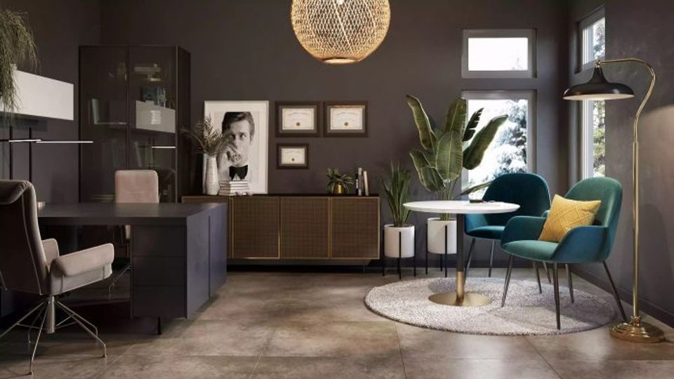Eclectic den with dark moody walls, warm wood furniture, jewel-tone seating, and woven pendant light creating a sophisticated gallery-like retreat.