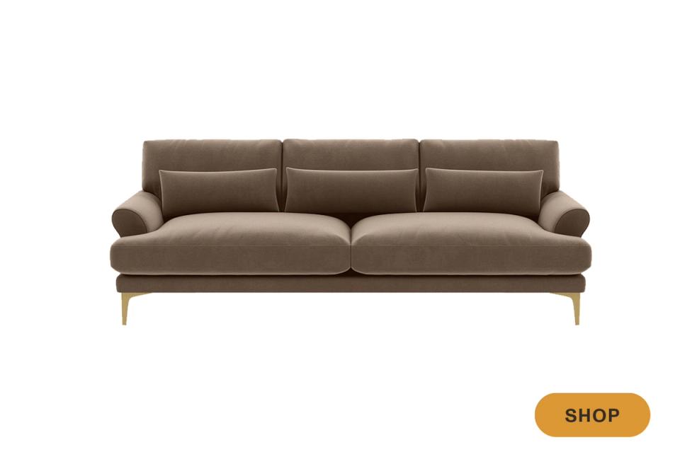 Contemporary taupe sofa with mid-century wood legs and streamlined silhouette