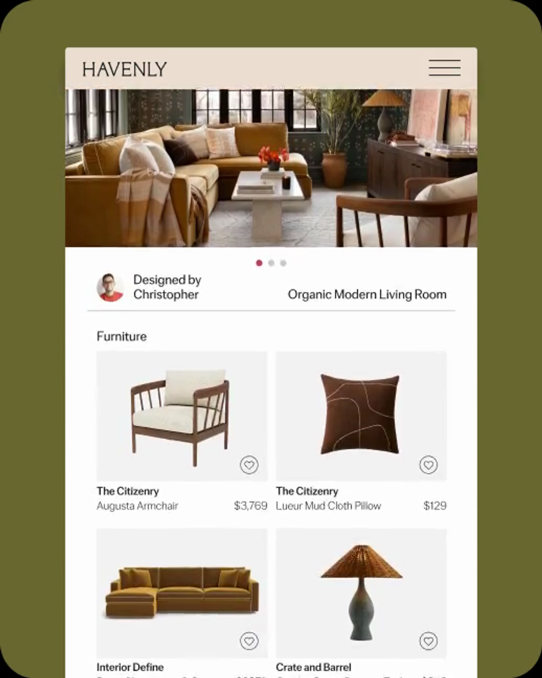 The Havenly app showing a designed living room with a shoppable furniture list beneath it