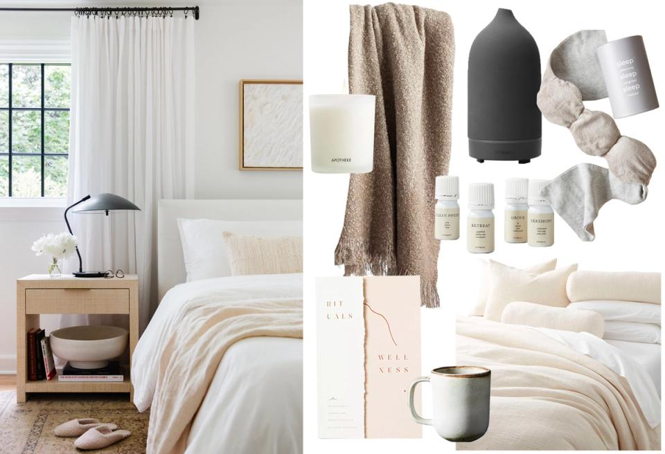 Serene bedroom with neutral palette, natural textures, and wellness essentials creating a calming self-care retreat