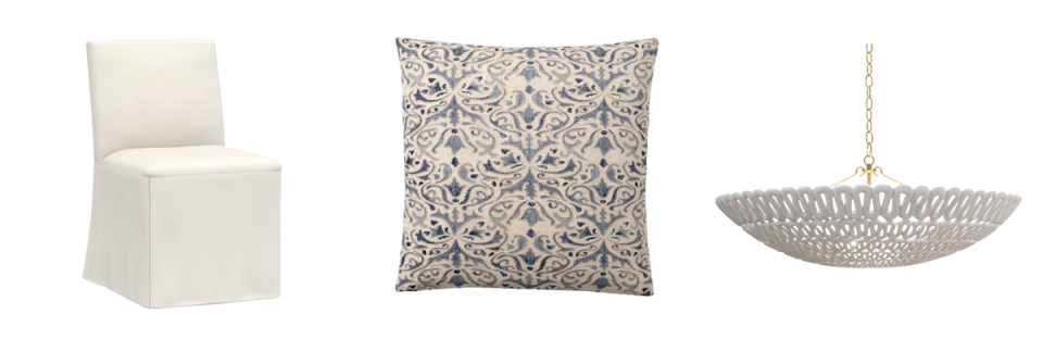 Coastal home decor: slipcovered chair, floral patterned pillow, and woven basket pendant fixture