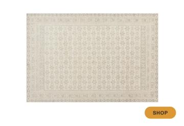 Neutral textured area rug with subtle geometric border in cream and beige tones