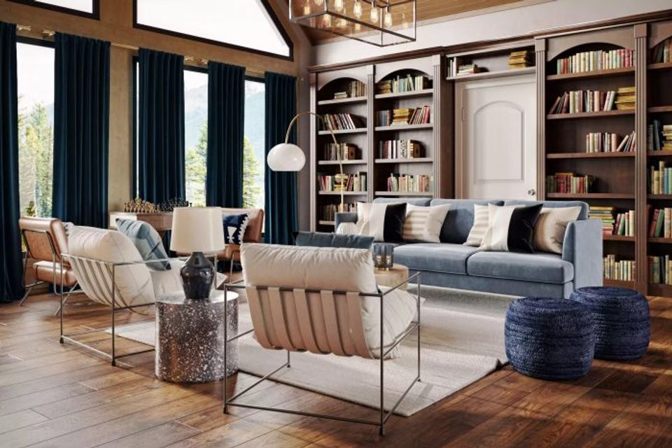 Sophisticated library lounge with navy drapes, wood floors, and literary warmth