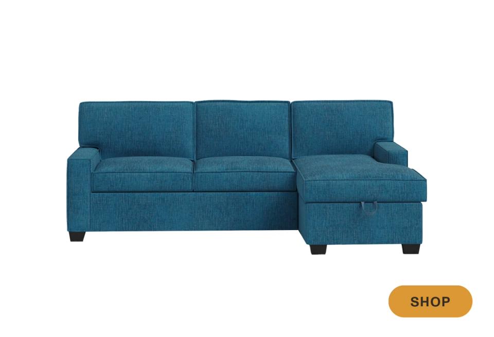 Contemporary deep teal sectional sleeper with storage ottoman base