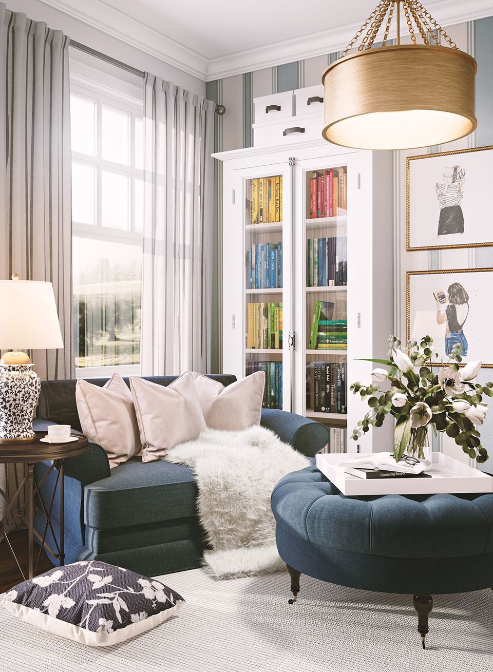 Sophisticated reading room with striped wallpaper, navy seating, and brass drum pendant light