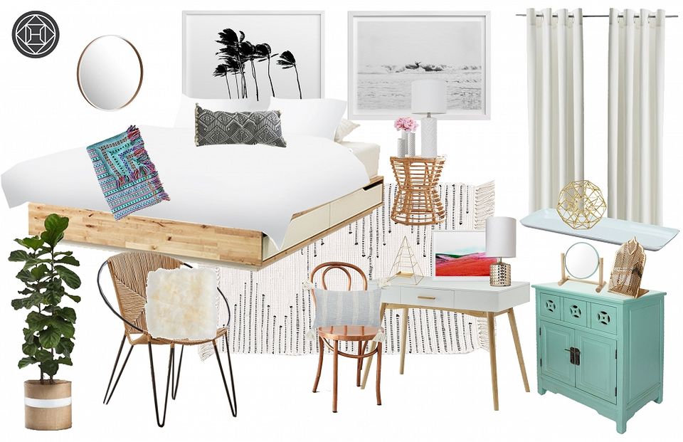 California-cool bedroom mood board featuring light wood, mint accents, and airy neutral palette