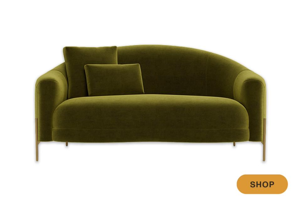 Modern olive green velvet sofa with curved arms and metal legs