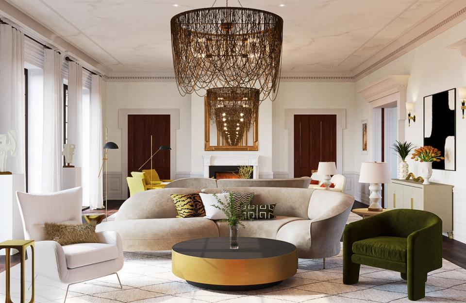 Luxe living room with olive green seating, brass accents, woven chandelier, and warm neutral palette