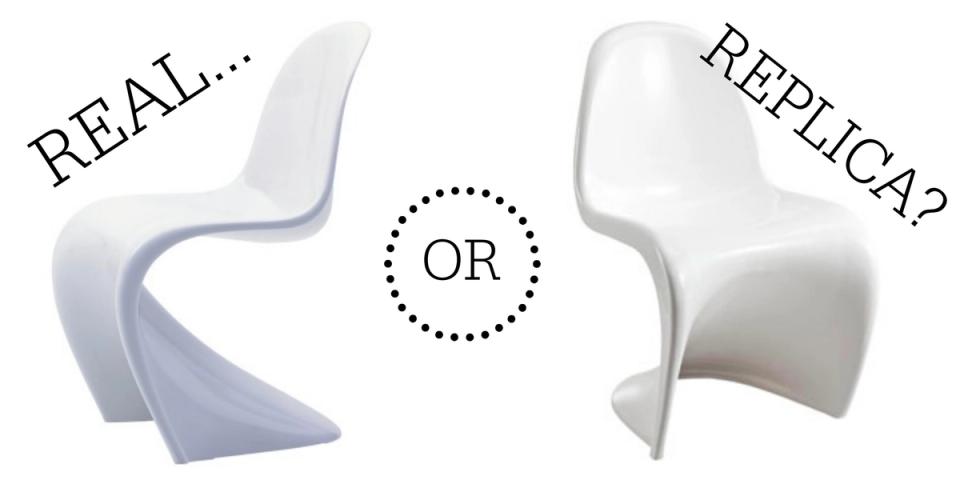 Side-by-side comparison of authentic and replica Panton S chairs in white molded plastic