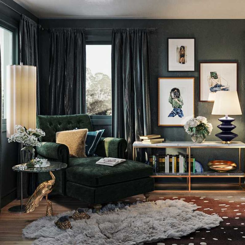 Moody jewel-tone reading lounge with deep green walls, velvet chair, and dramatic drapes