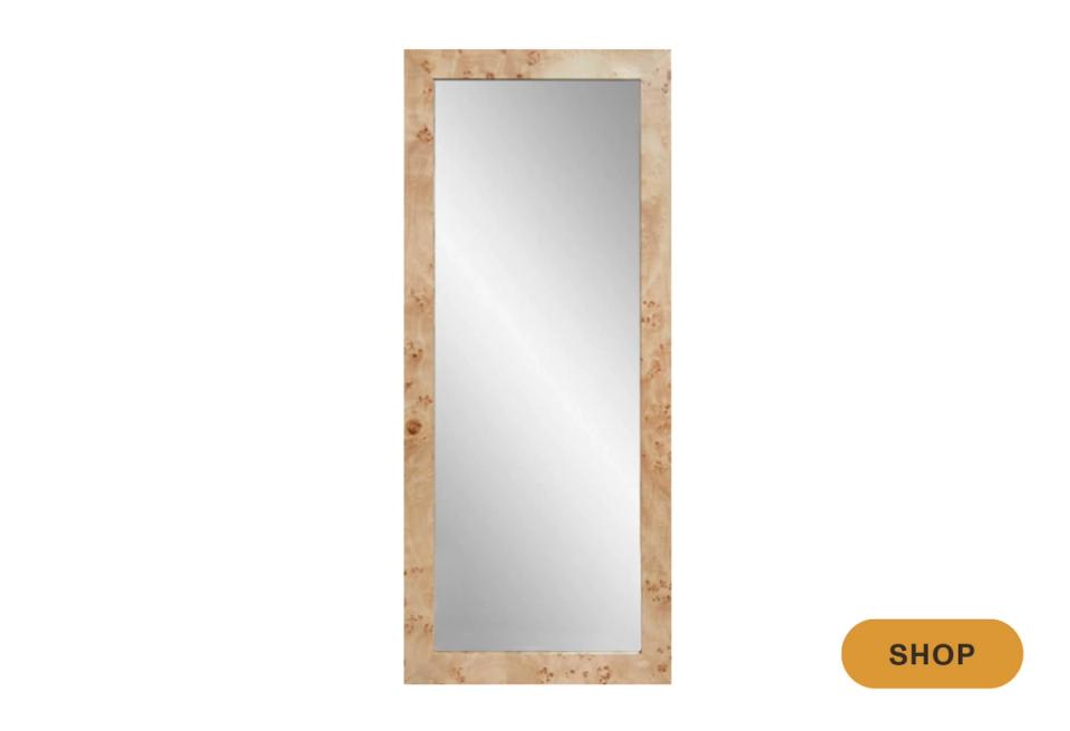 Tall burled wood mirror with natural grain texture and warm finish