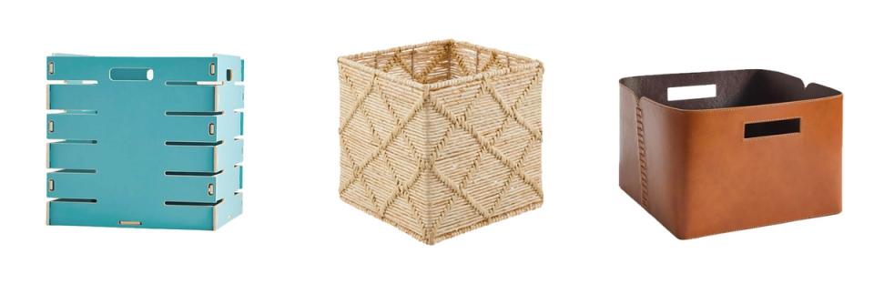 Modern decorative storage boxes in turquoise, natural woven, and cognac leather finishes