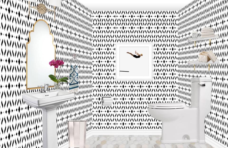 Bold geometric patterned wallpaper in black and white creates a modern, graphic powder room with floating vanity and minimalist fixtures.