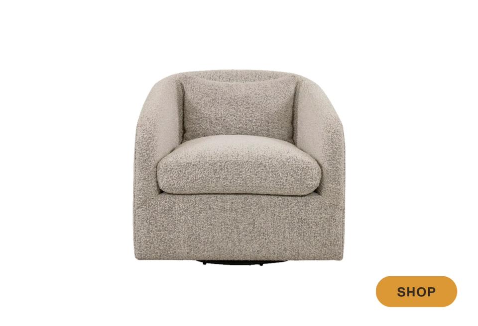 Contemporary swivel chair in neutral linen with curved silhouette
