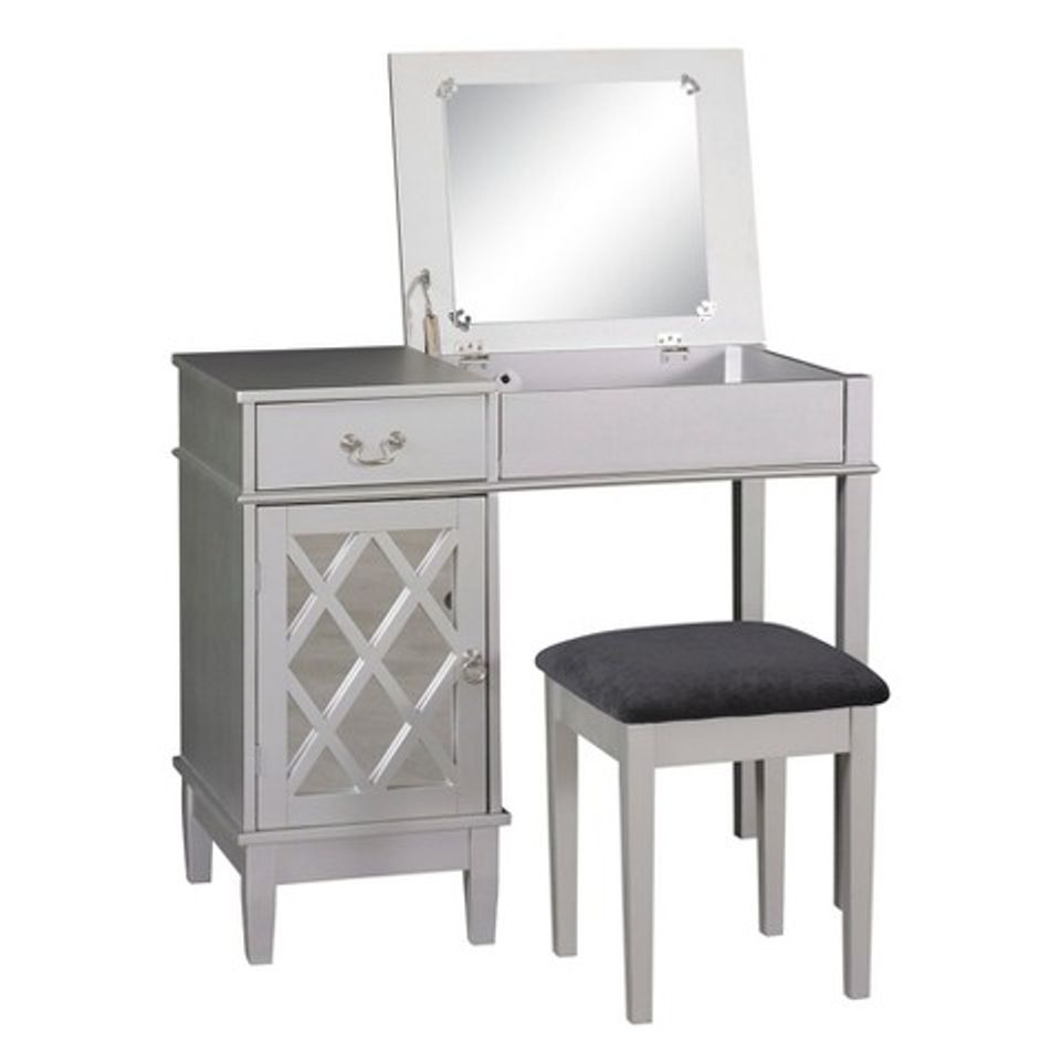 Traditional white vanity desk with mirror, geometric door panel, and cushioned bench seat