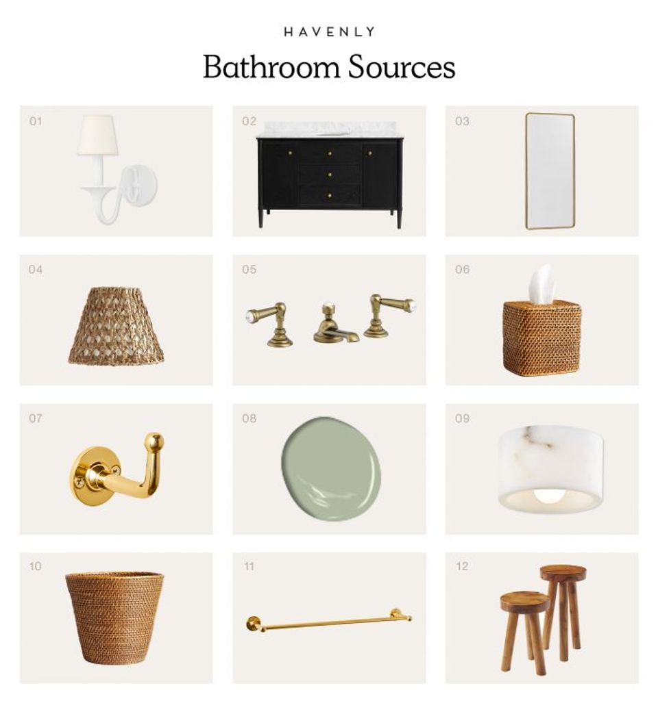 Curated collection of bathroom design sources featuring black furniture, natural textures, and brass finishes