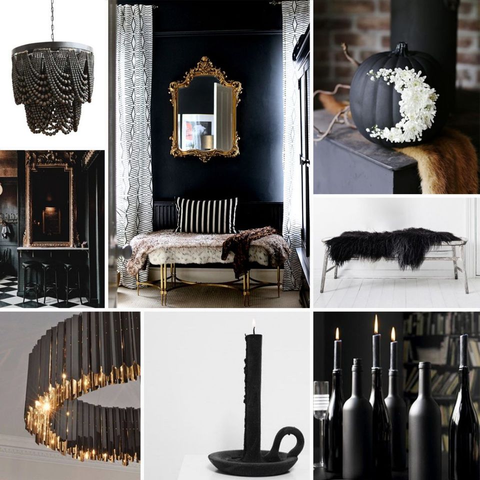 Moody Halloween décor: dark, gothic aesthetic with black candles, ornate mirrors, and elegant monochromatic styling