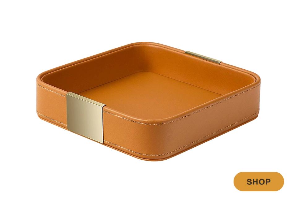 Cognac leather catchall tray with brass hardware for modern home organization