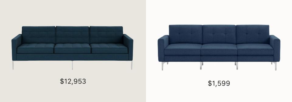 Sleek navy blue modern sofas with metal legs in luxury versus budget-friendly styles