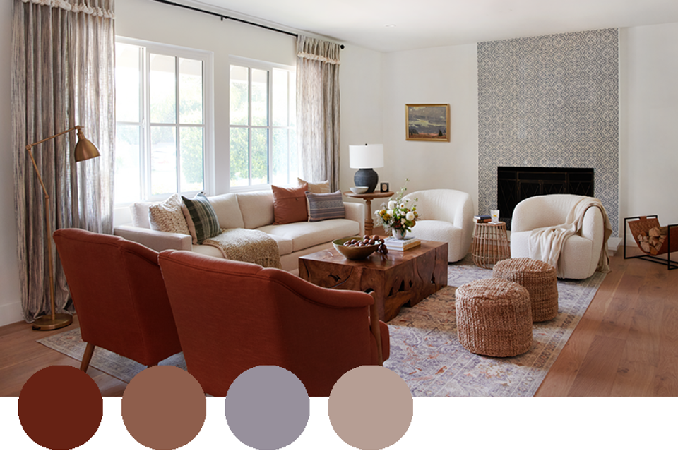Warm transitional living room with rust, taupe, and lavender accents creating cozy elegance.
