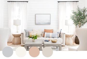 Serene neutral living room with warm beige and cream tones, natural light, and organic greenery accents