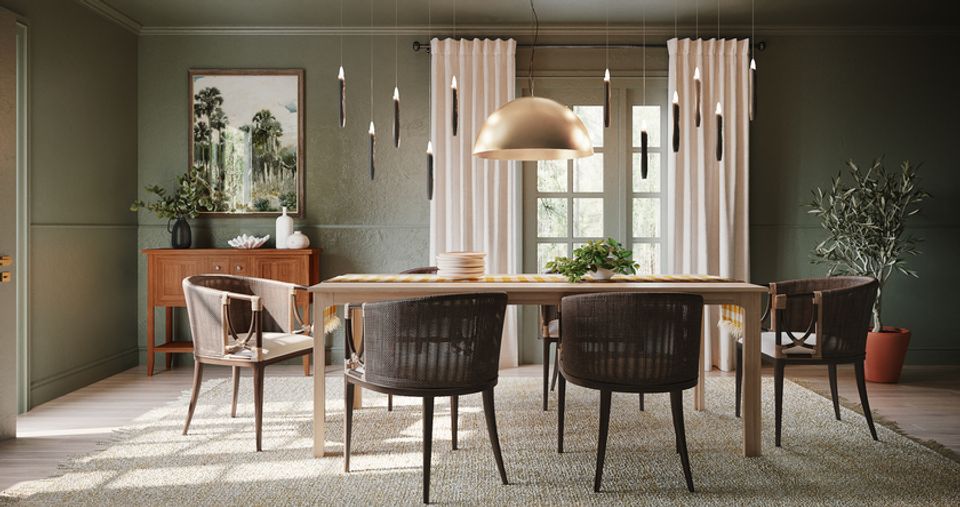 Sophisticated sage dining room with natural wood table and soft sculptural pendant lighting