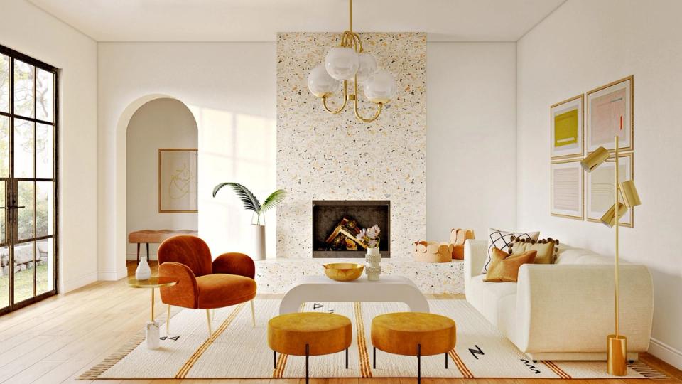 Desert modern living room with warm terracotta accents, minimalist fireplace, and mid-century furniture in creams and golds