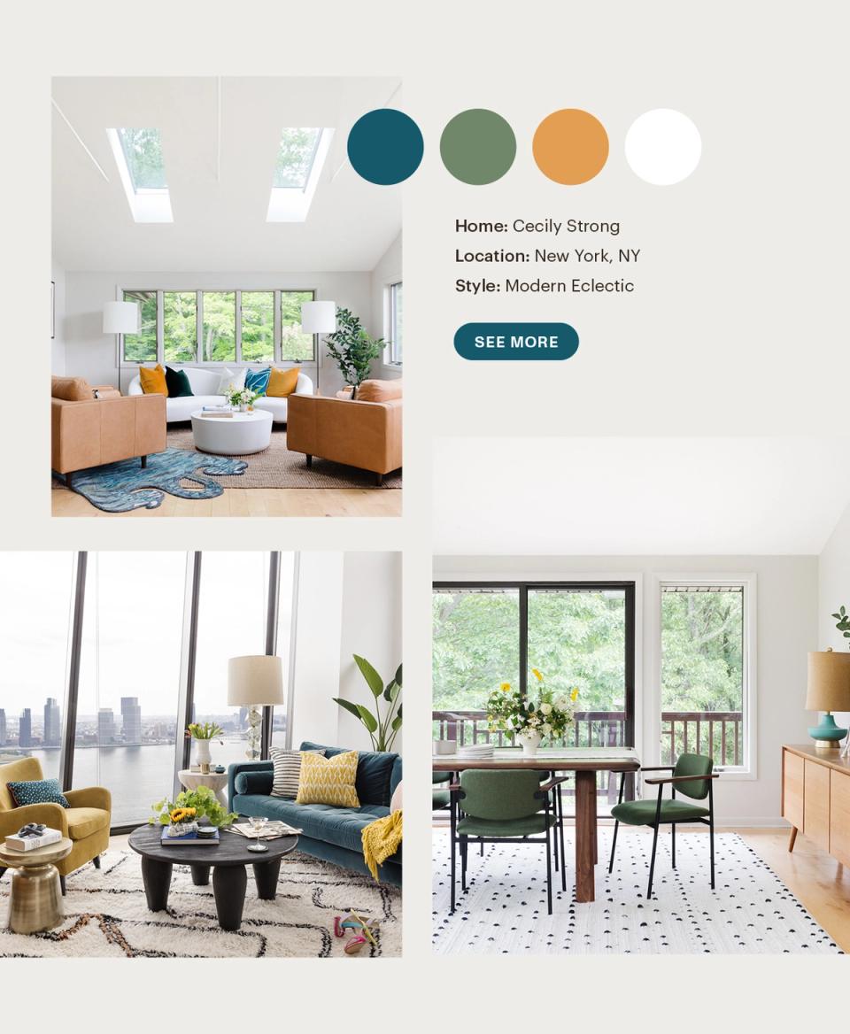 Modern eclectic interior featuring teal, sage green, and burnt orange accents against white with natural light