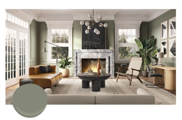 Sage green living room with fireplace, natural light, mid-century furniture, and botanical accents creating a serene, contemporary aesthetic