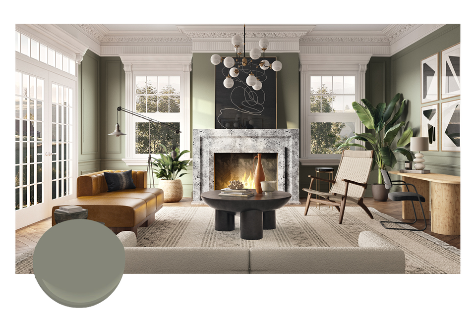 Sage green living room with fireplace, natural light, mid-century furniture, and botanical accents creating a serene, contemporary aesthetic