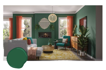 Eclectic mid-century living room with rich forest green walls, coral curtains, and warm earthy tones creating a vibrant yet balanced atmosphere