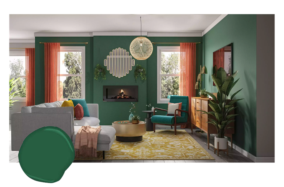 Eclectic mid-century living room with rich forest green walls, coral curtains, and warm earthy tones creating a vibrant yet balanced atmosphere