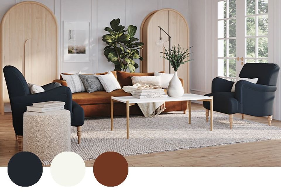 Scandinavian-inspired living space with warm wood tones, black accents, and natural textiles creating a calm, contemporary earth-toned sanctuary