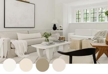 Airy Scandinavian living space with cream and greige tones, natural wood accents, and soft textures for a calm, understated elegance