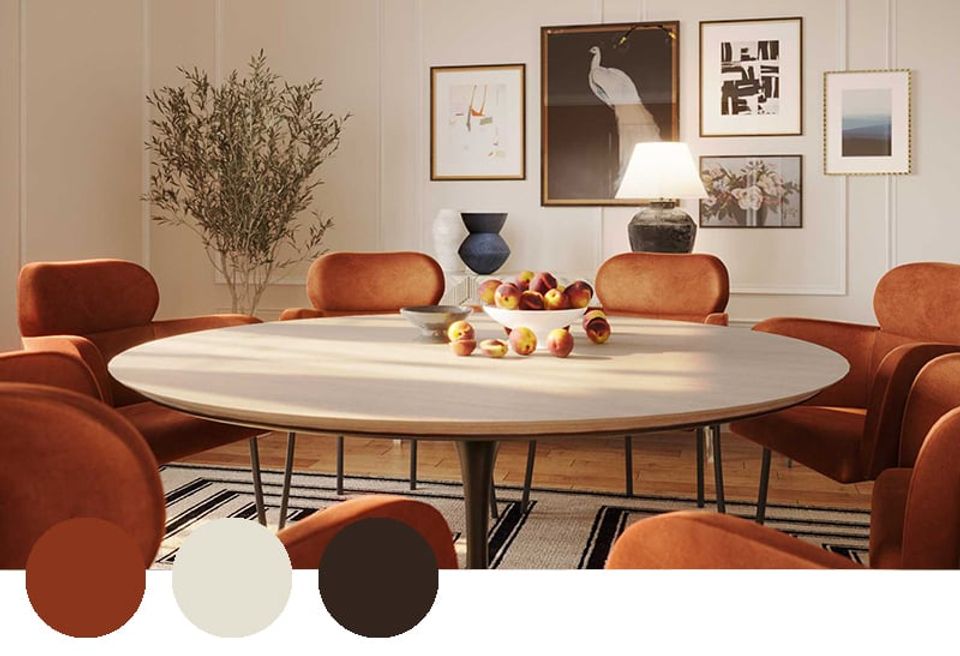 Mid-century modern dining space with rust leather chairs and cream marble table