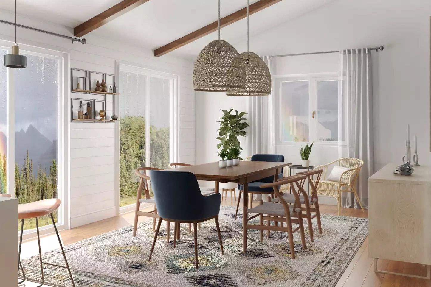 Bright coastal dining with natural wood table, black chairs, woven pendant, and abundant greenery