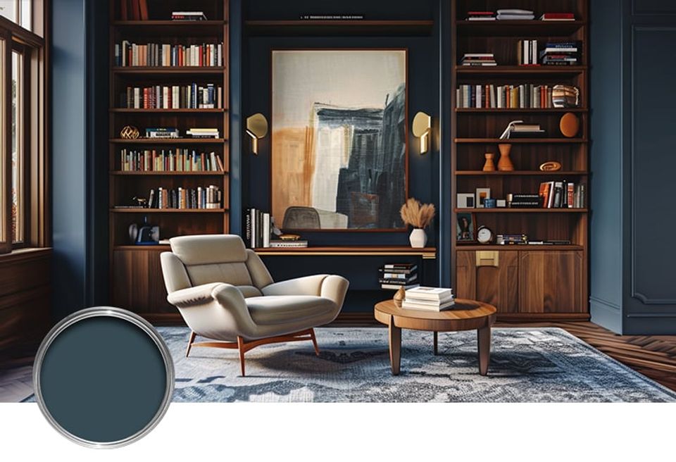 Mid-century modern library anchored by navy walls, curated shelving, neutral reading chair, and warm wood accents creating a refined, cultured retreat