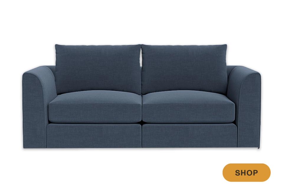 Contemporary slate blue sofa with architectural block frame design