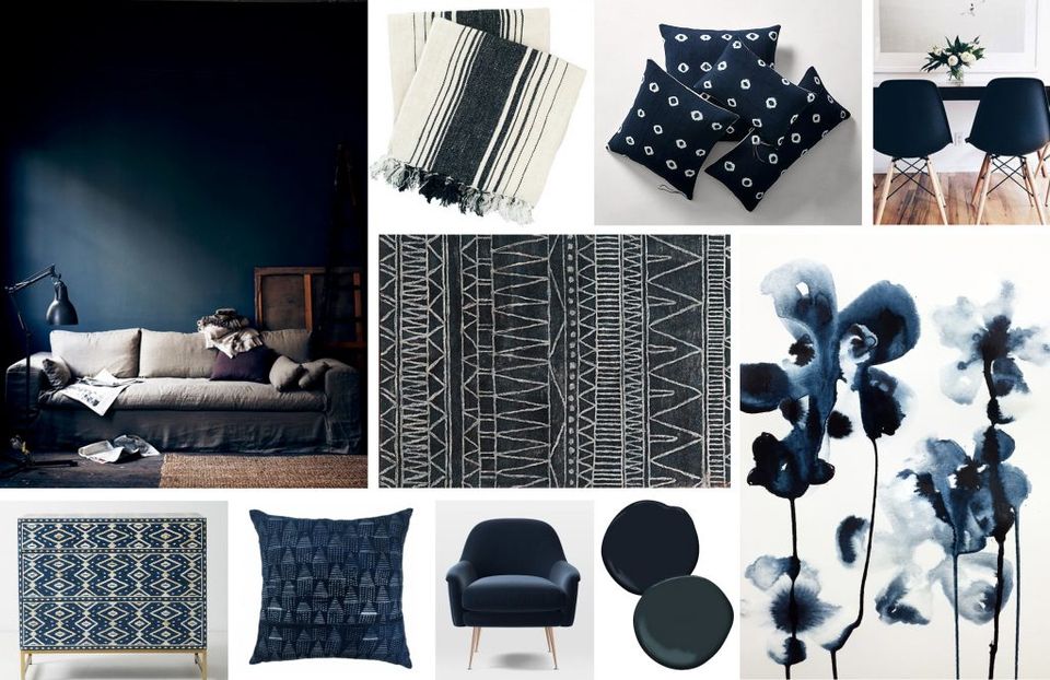 Navy and cream mood board featuring geometric patterns, botanical elements, and contemporary furnishings