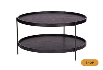 Scandinavian two-tier round coffee table in black oak with minimal metal legs
