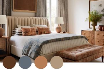 Serene bedroom featuring neutral quilted headboard, warm wood nightstands, and soft earth tone bedding palette