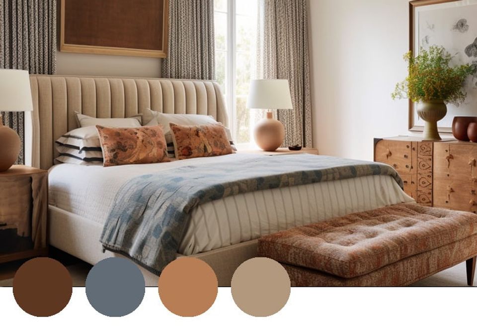 Serene bedroom featuring neutral quilted headboard, warm wood nightstands, and soft earth tone bedding palette