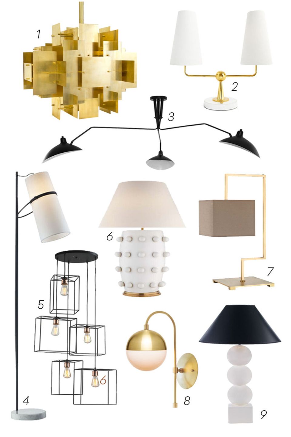 Curated collection of sculptural lighting in gold, brass, and black with geometric and organic forms