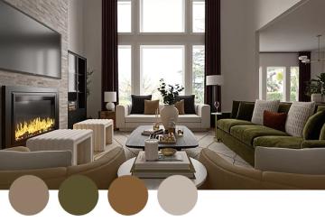 Contemporary fireplace lounge in charcoal, sage, and taupe with sculptural seating and dramatic windows defining a sophisticated, earthy retreat.