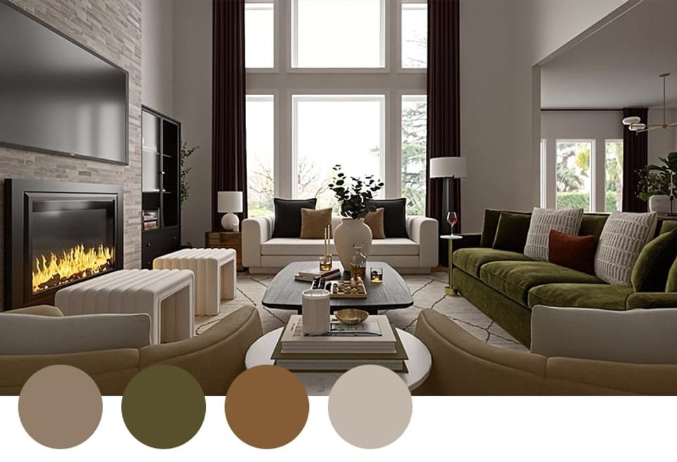 Contemporary fireplace lounge in charcoal, sage, and taupe with sculptural seating and dramatic windows defining a sophisticated, earthy retreat.