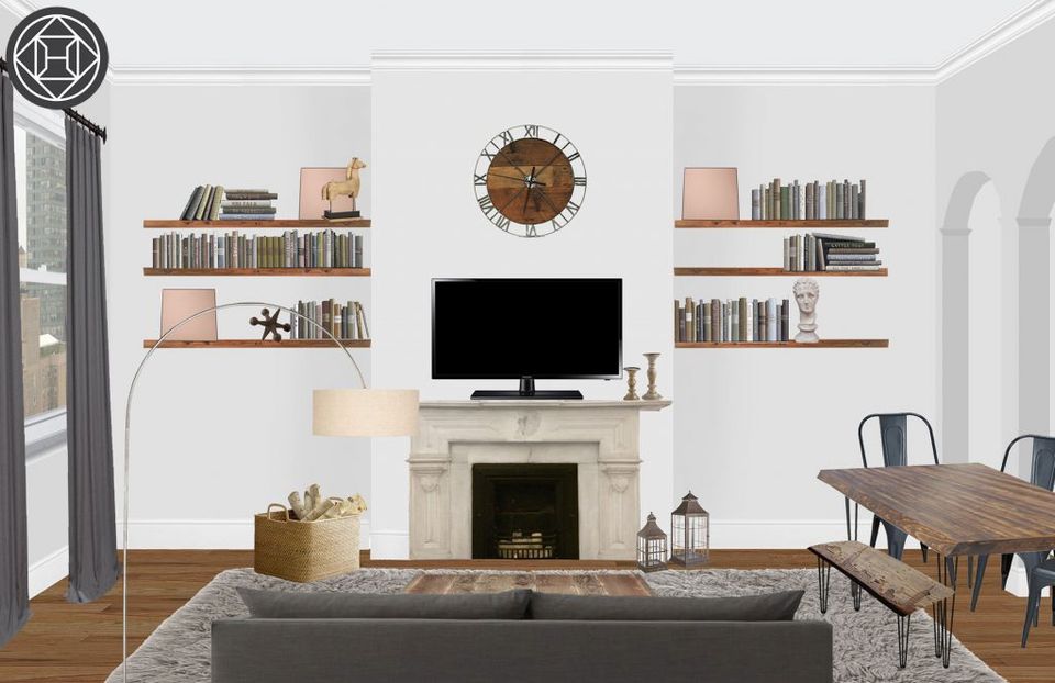 Modern living room with fireplace, symmetrical shelving, and mid-century dining furniture